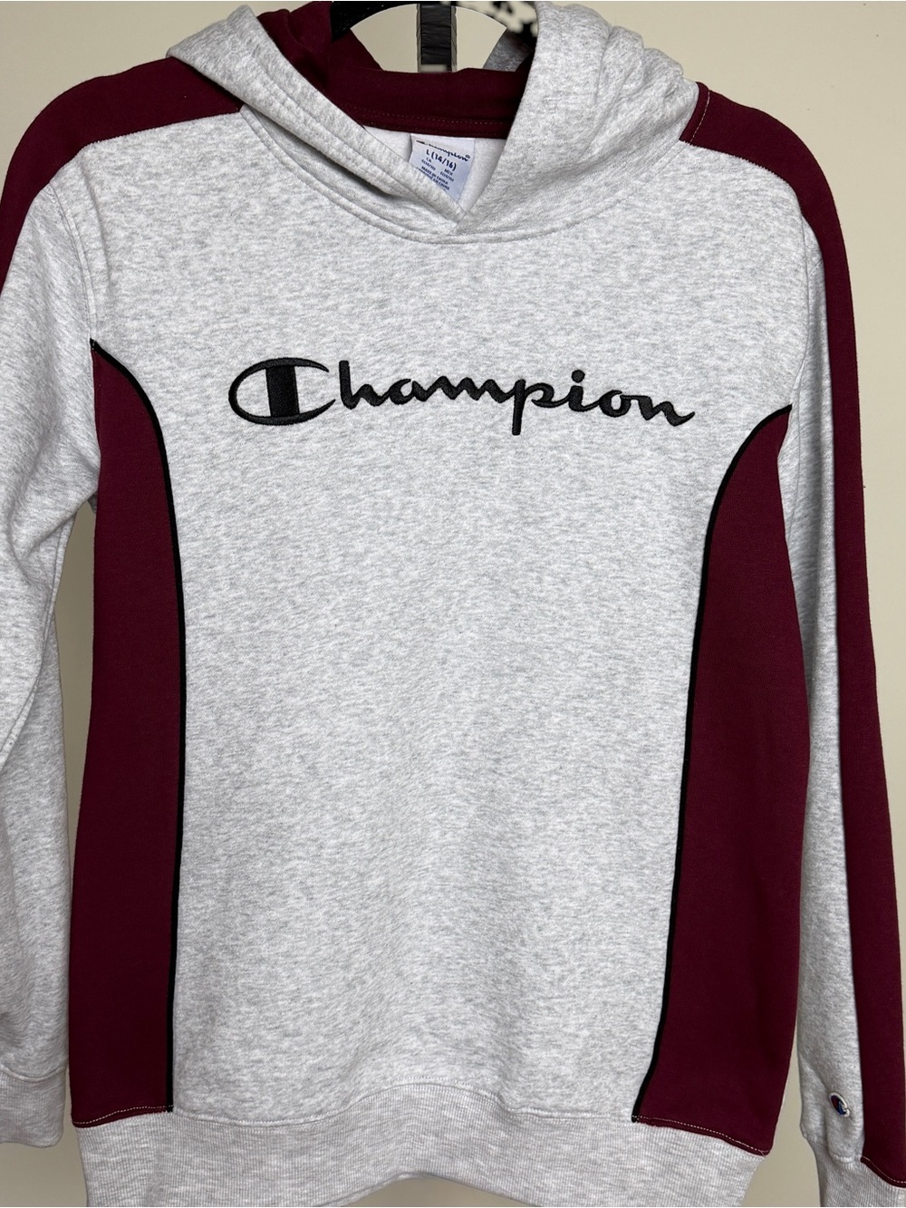 Champion Hoodie Youth Large Gray Burgundy Colorblock Logo Sweatshirt NWT